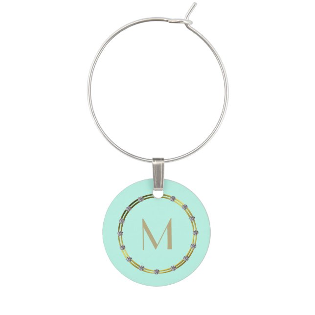 Mint, Bling, and Monogram Wine Glass Charm (Front)