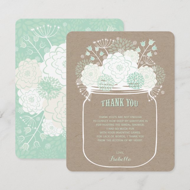 Mint Blooms Mason Jar Wedding Thank You Card (Front/Back)