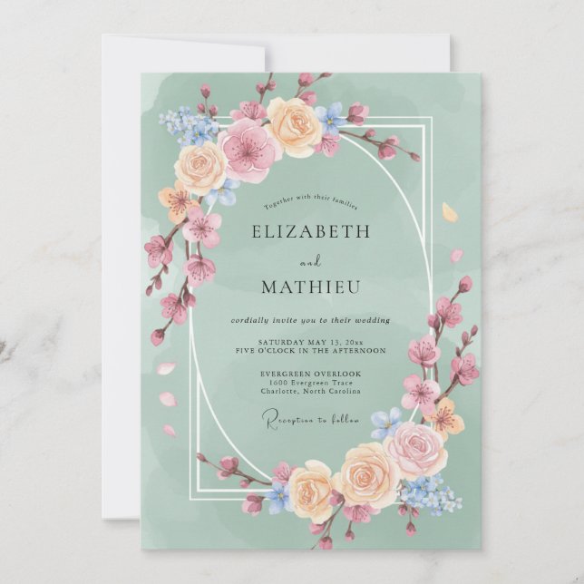 Mint Blossom Arch Romance Wedding Invitation (Front)