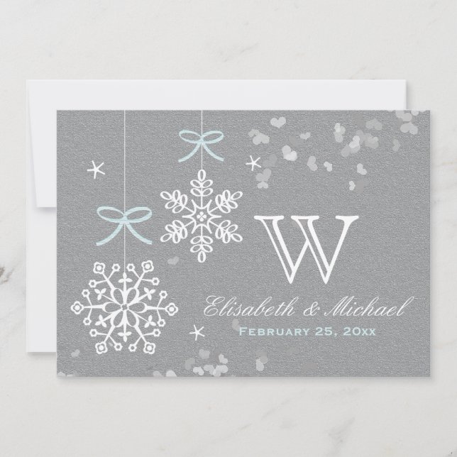 Mint Blue and Gray Snowflake Wedding Invitations (Front)