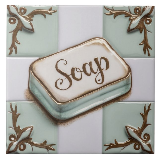 Mint Blue and White Bar of Soap Funny Bathroom Ceramic Tile (Front)