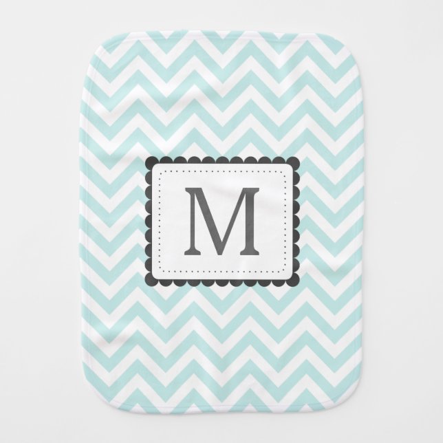 Mint Blue And White Chevron Custom Monogram Baby Burp Cloth (Front)