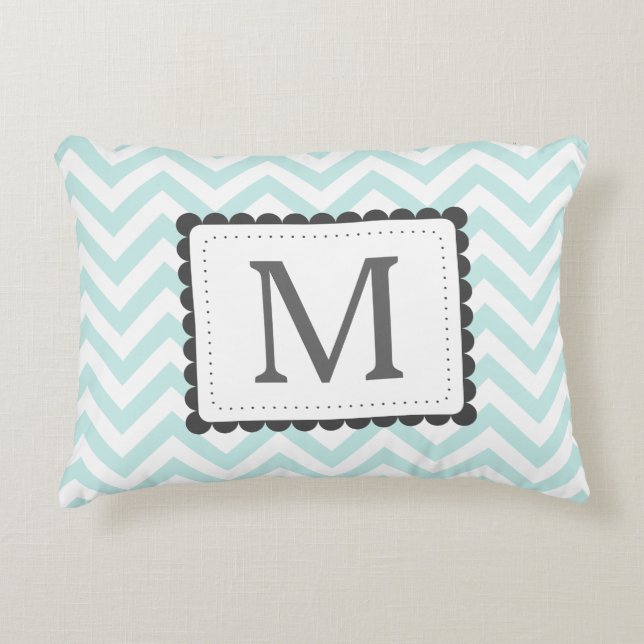 Mint Blue And White Chevron Custom Monogram Decorative Pillow (Front)