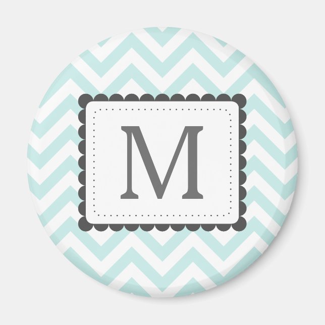 Mint Blue And White Chevron Custom Monogram Magnet (Front)