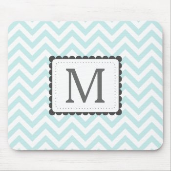 Mint Blue And White Chevron Custom Monogram Mouse Pad by VintageDesignsShop at Zazzle