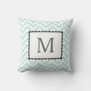 Mint Blue And White Chevron Custom Monogram Throw Pillow