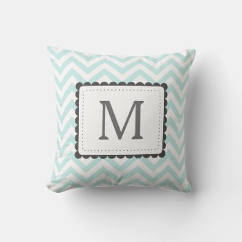 Mint Blue And White Chevron Custom Monogram Throw Pillow by VintageDesignsShop at Zazzle