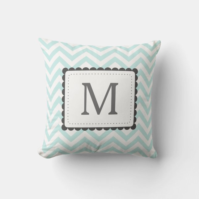 Mint Blue And White Chevron Custom Monogram Throw Pillow (Front)