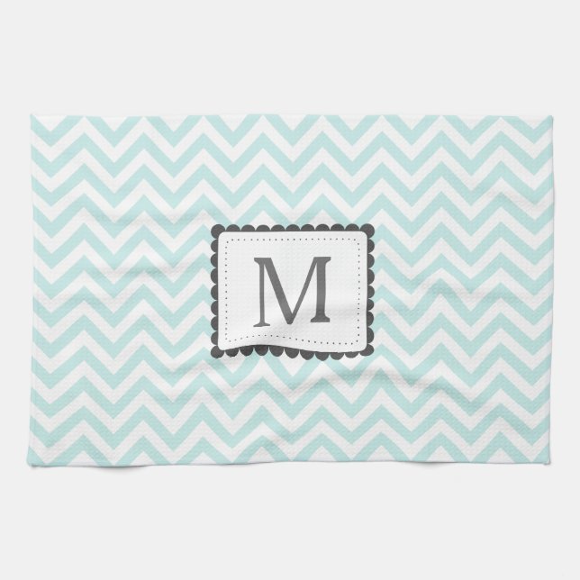 Mint Blue And White Chevron Custom Monogram Towel (Horizontal)