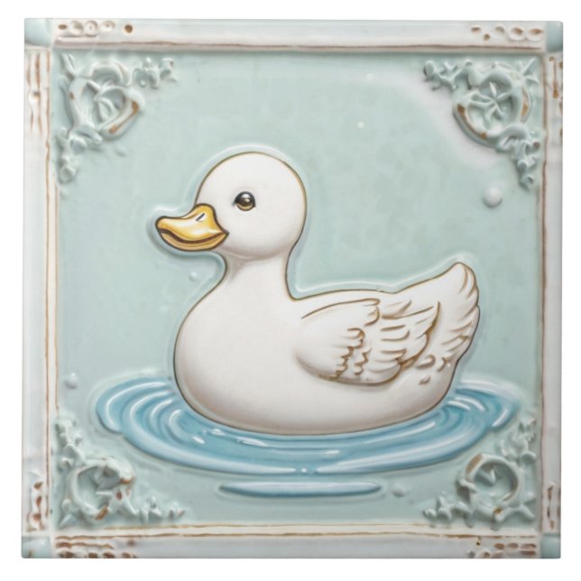 Mint Blue and White Cute Baby Duck Bathroom Ceramic Tile (Front)