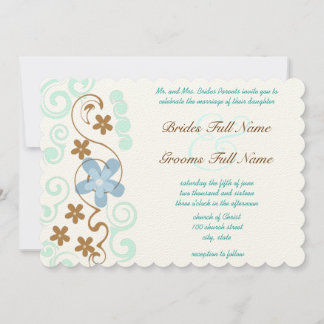 Mint Blue & Brown Swirl Flowers Wedding Invitation