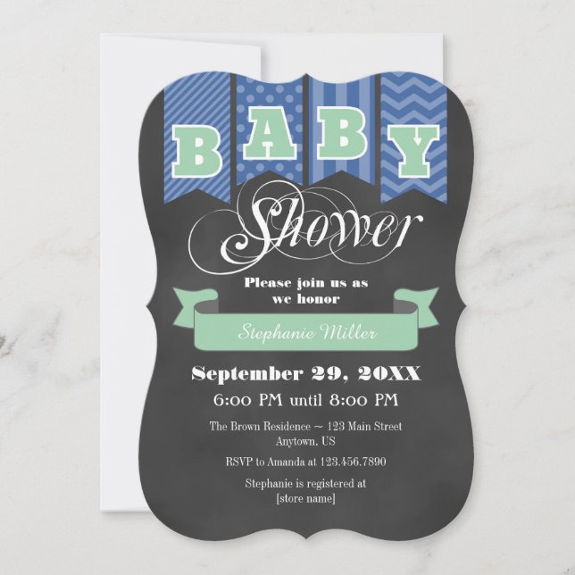 Mint Blue Chalkboard Flag Baby Shower Invite (Front)