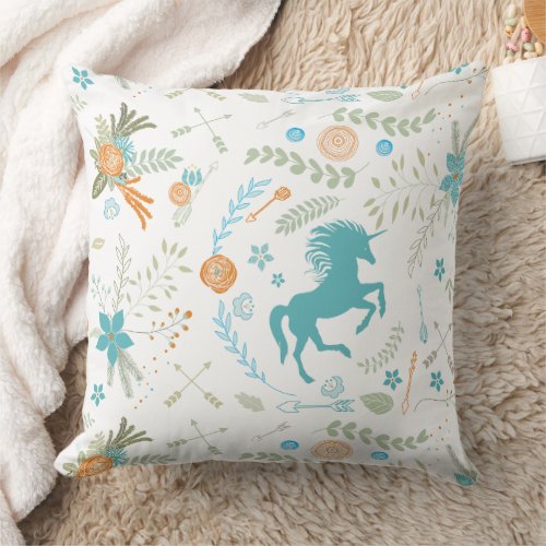 Mint Blue Coral  Trendy Unicorn  Floral Pattern Throw Pillow