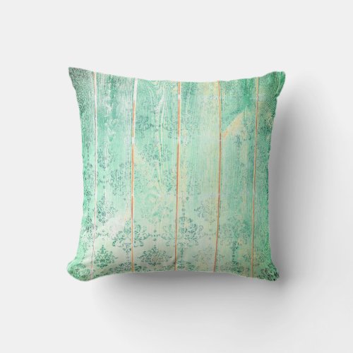 Mint Blue Damask Metallic Wood Cottage Home Throw Pillow