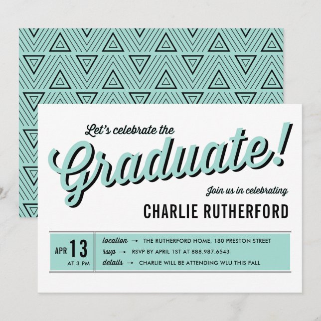 Mint Blue Diner Retro Typography Graduation Party Invitation (Front/Back)