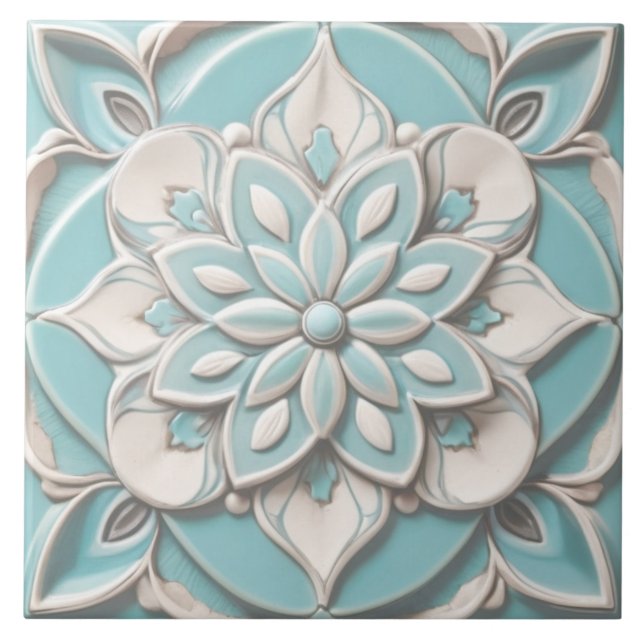 Mint Blue Faux Relief Elegant Floral Flower Ceramic Tile (Front)