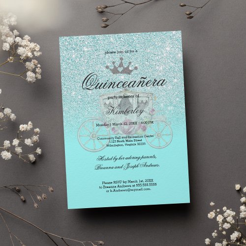 Mint Blue Glitter Princess Carriage Quinceaera Invitation