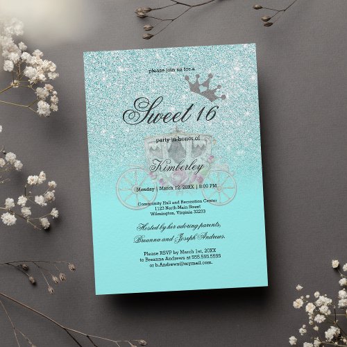 Mint Blue Glitter Princess Carriage Sweet 16 Invitation