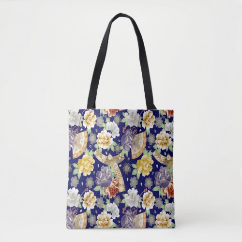 Mint Blue Gold Flowers Beautiful Japanese Pattern Tote Bag