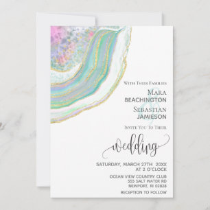 *~* Mint Blue Gold Glitter Agate AR5 Wedding Invitation