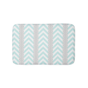 Mint Blue, Gray, White Chevron Stripes Pattern Bath Mat