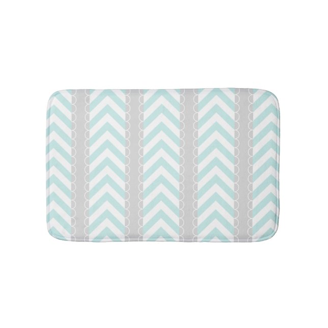 Mint Blue, Gray, White Chevron Stripes Pattern Bath Mat (Front)