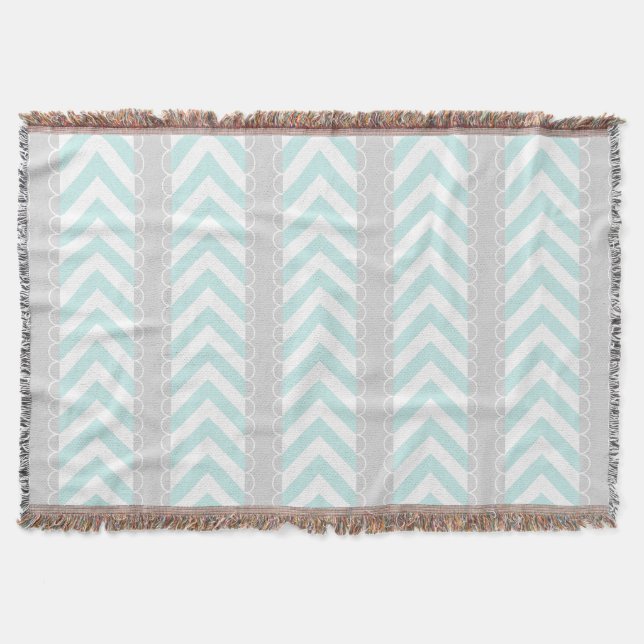 Mint Blue, Gray, White Chevron Stripes Pattern Throw Blanket (Front)