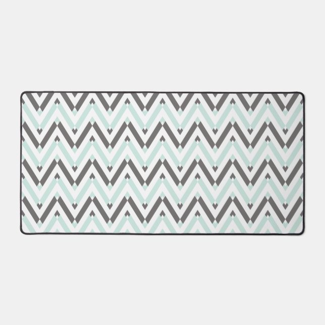 Mint Blue Gray White Geometric Chevron Pattern Desk Mat (Front)