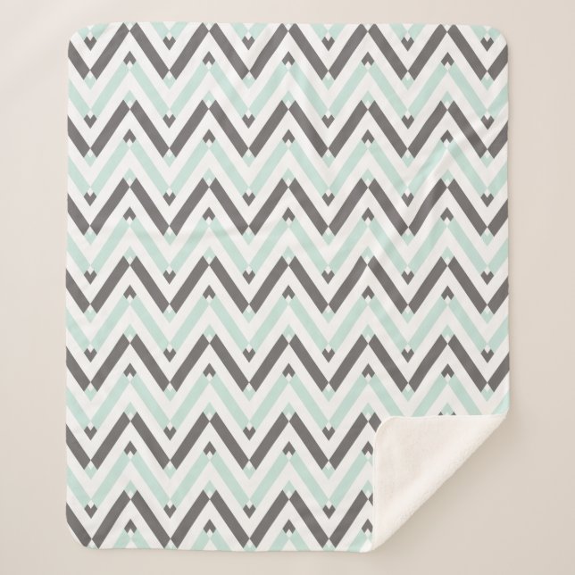 Mint Blue Gray White Geometric Chevron Pattern Sherpa Blanket (Front)