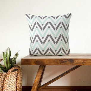 Mint Blue Gray White Geometric Chevron Pattern Throw Pillow
