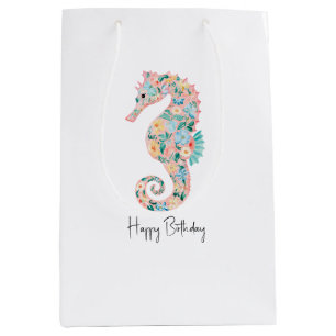 Mint Blue Green Pink Seahorses Birthday   Medium Gift Bag