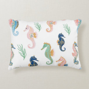Mint Blue Green Pink Seahorses Wavy Stripes Accent Pillow