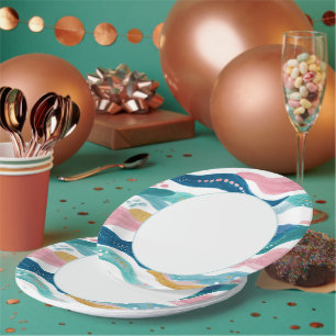Mint Blue Green Pink Wavy Stripes Beach Birthday Paper Plates