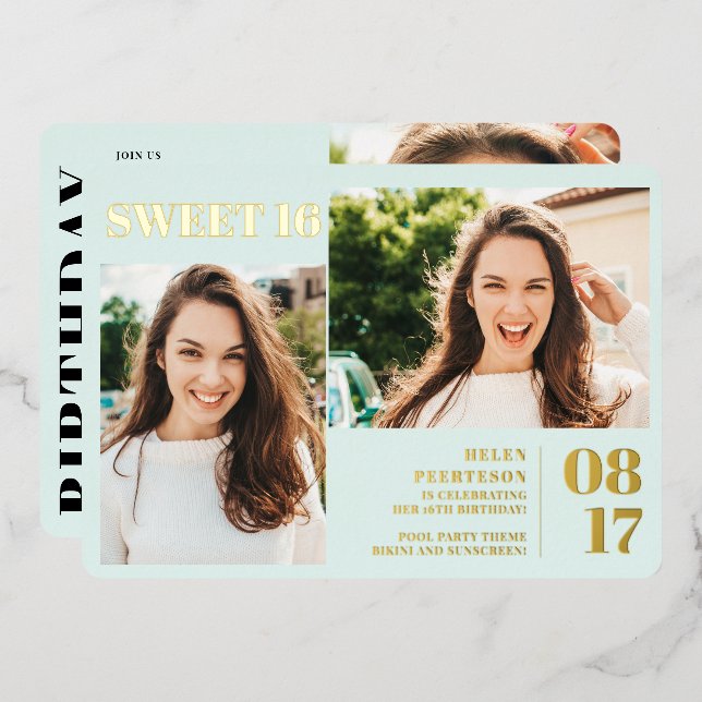 Mint blue modern bold 3 photos Sweet 16 Foil Invitation (Front/Back)
