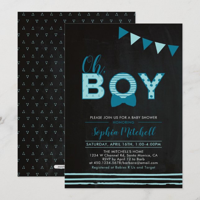 Mint blue & Navy | Chalkboard "Oh Boy" Baby Shower Invitation (Front/Back)