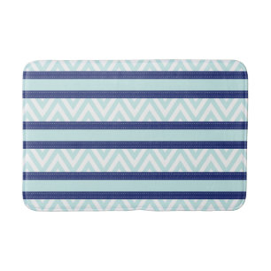 Mint Blue & Navy Stripes Chevron Pattern Bathroom Mat