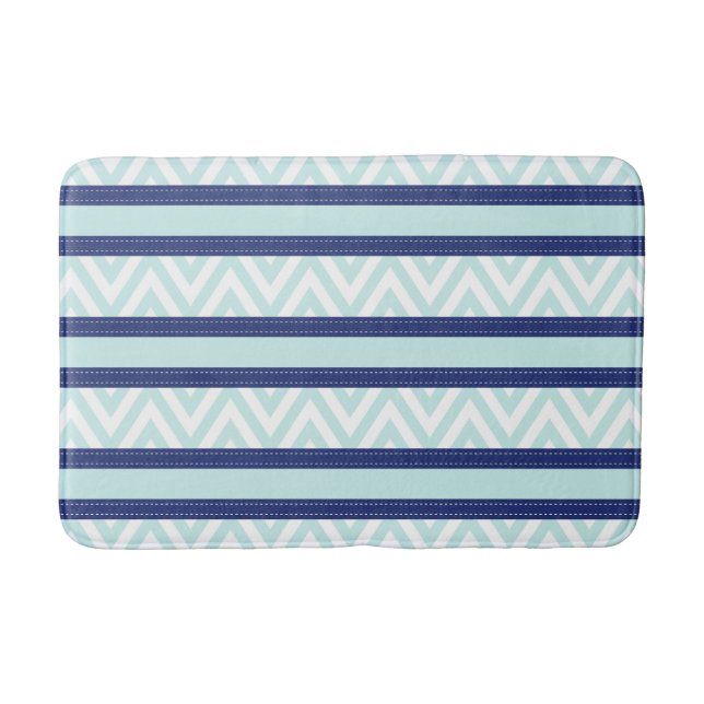 Mint Blue & Navy Stripes Chevron Pattern Bathroom Mat (Front)