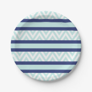 Mint Blue & Navy Stripes Chevron Pattern Paper Plates