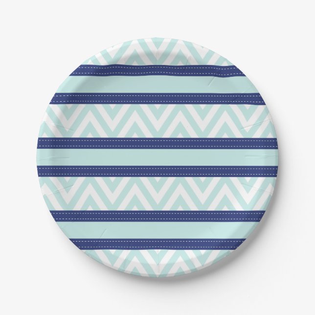 Mint Blue & Navy Stripes Chevron Pattern Paper Plates (Front)