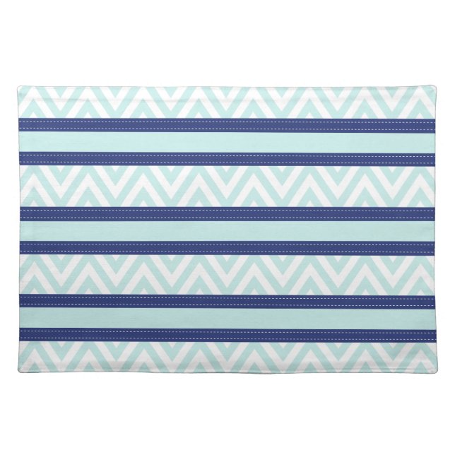 Mint Blue & Navy Stripes Chevron Pattern Placemat (Front)