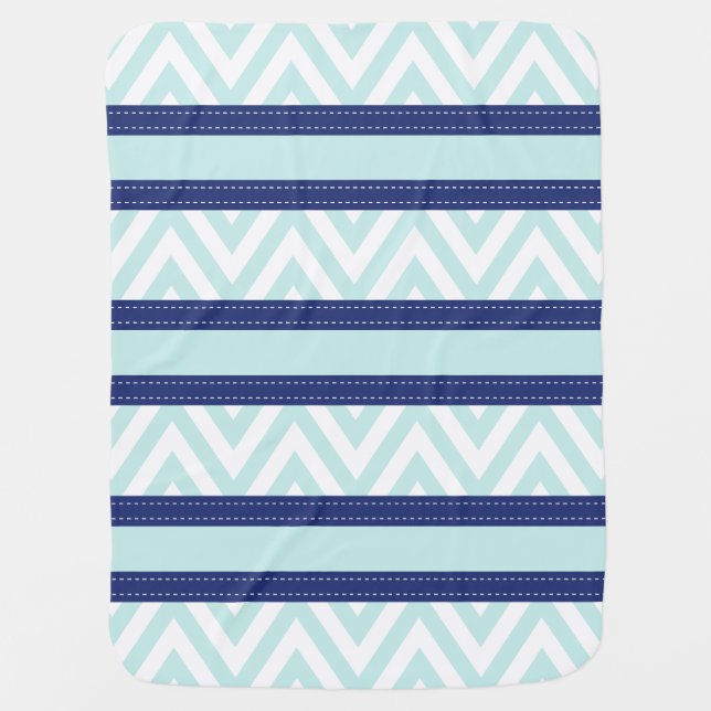 Mint Blue & Navy Stripes Chevron Pattern Receiving Blanket (Front)