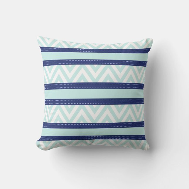 Mint Blue & Navy Stripes Chevron Pattern Throw Pillow (Front)