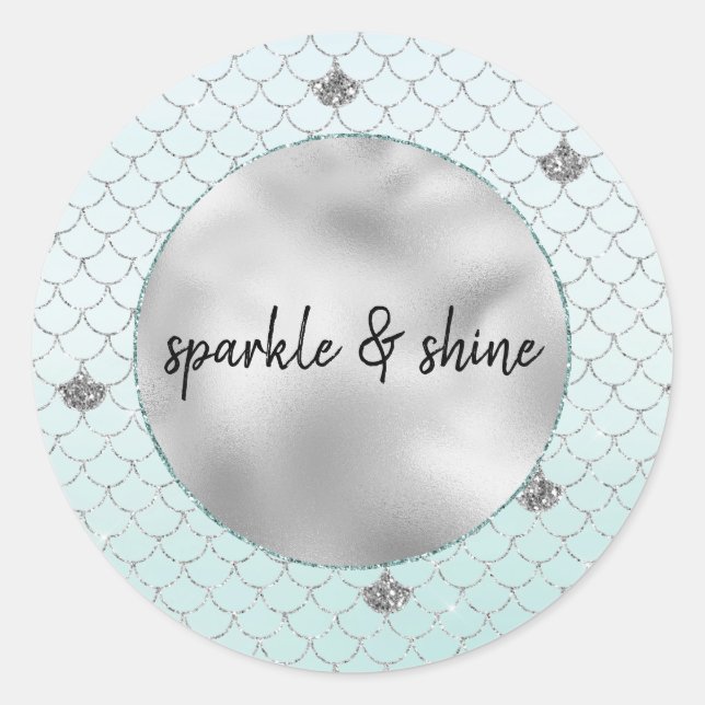 Mint Blue Ombre Silver Glitter Mermaid Classic Round Sticker (Front)