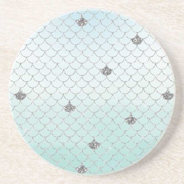 Mint Blue Ombre Silver Glitter Mermaid Coaster (Front)