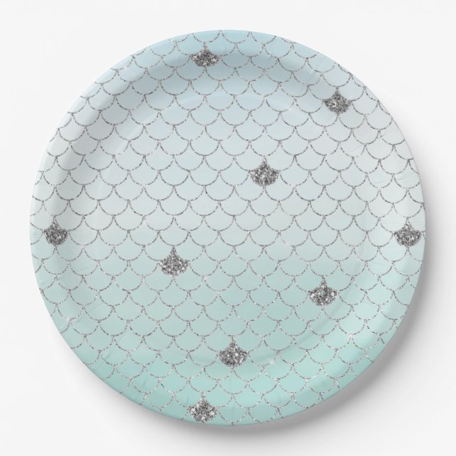 Mint Blue Ombre Silver Glitter Mermaid Paper Plates (Front)