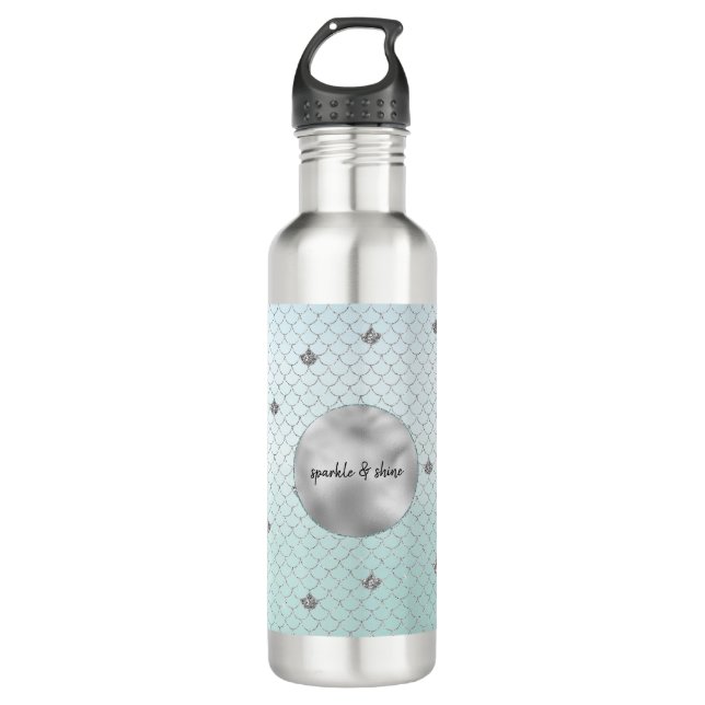 Mint Blue Ombre Silver Glitter Mermaid Stainless Steel Water Bottle (Front)