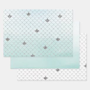 Mint Blue Ombre Silver Glitter Mermaid Wrapping Paper Sheets