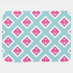 Mint Blue, Pink, White Anchors Nautical Pattern Baby Blanket