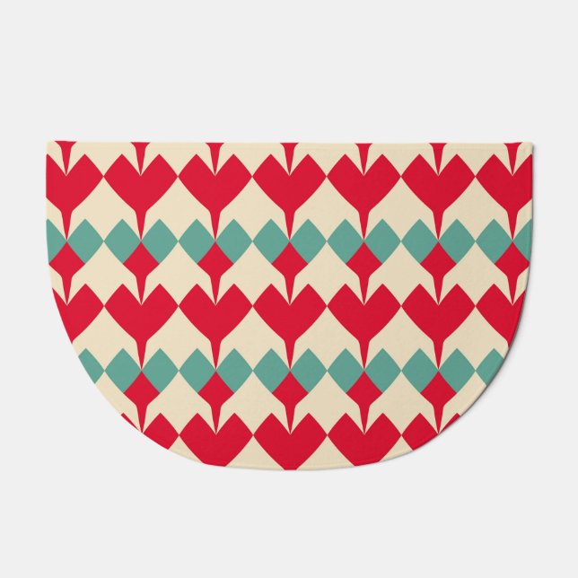 Mint blue, red hearts tile pattern. doormat (Front)