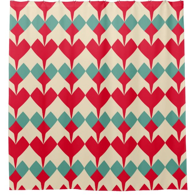 Mint blue, red hearts tile pattern. shower curtain (Front)